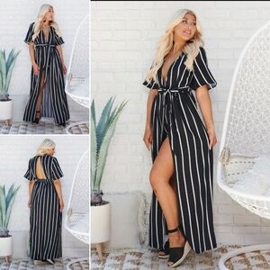 NanaMacs Striped Raxi Maxi Dress with Plunging Neckline | NWT S